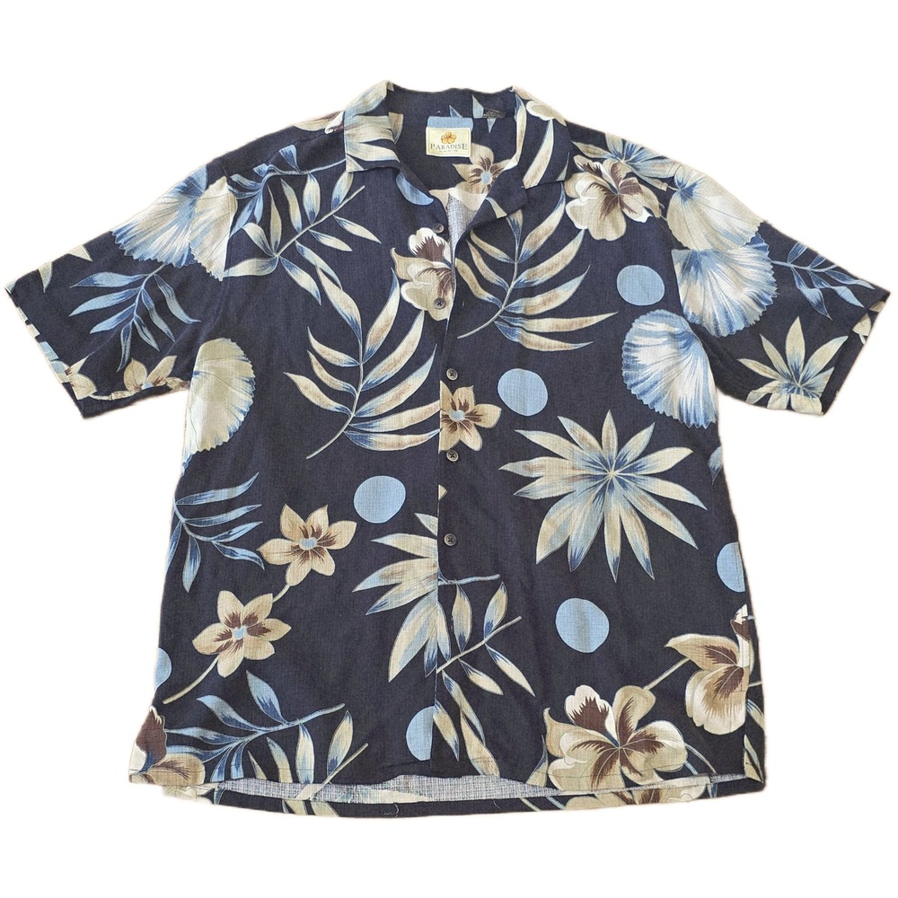 Paradise by Axis Mens Medium Silk Tropical Floral Aloha Camp Shirt Navy Blue